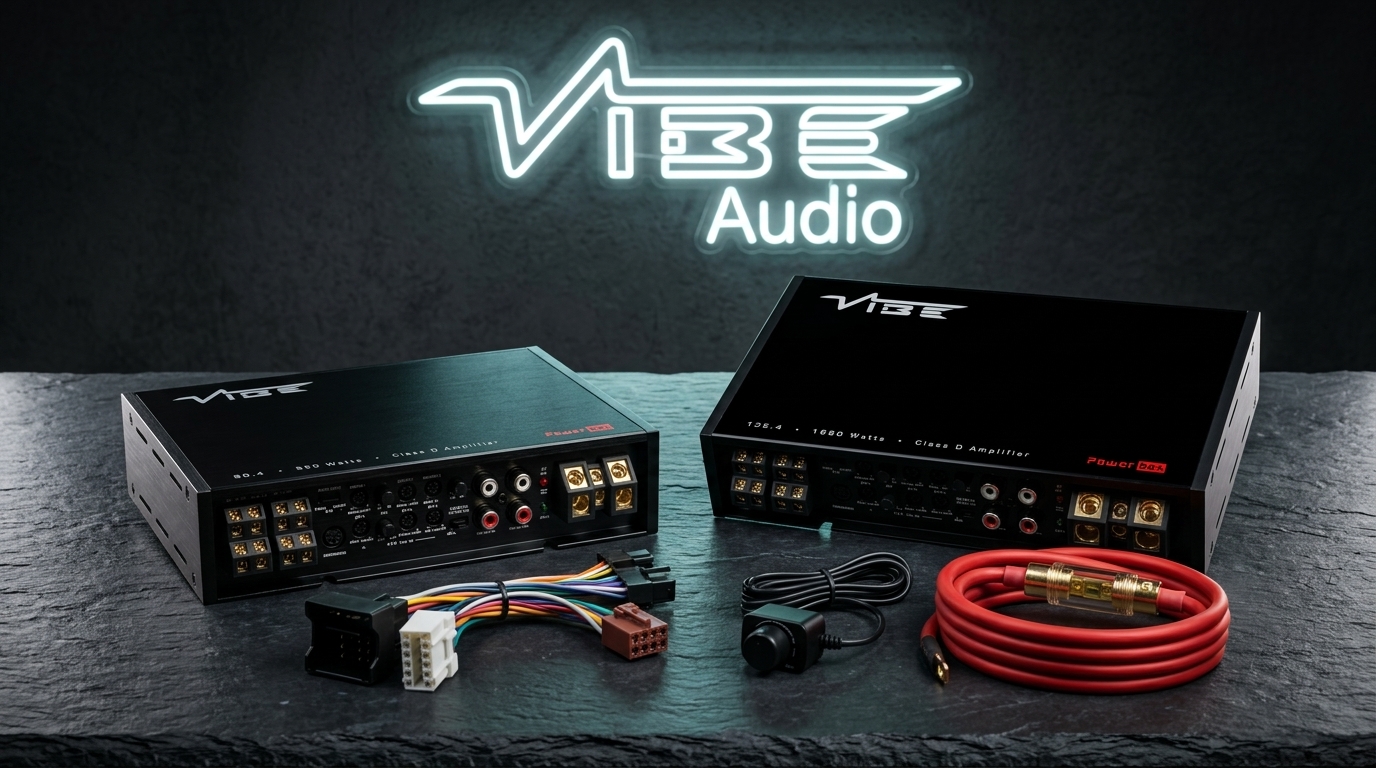 VIBE Audio POWERBOX Micro Class D Verstärker mit Plug and Play T-Kabel, 10mm2 V10 Kupfer Stromkabel und Bass Remote