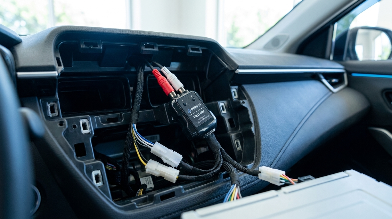 HILO-M2 high low converter aangesloten in de radioschacht van een dashboard, met RCA-kabels naar de versterker
