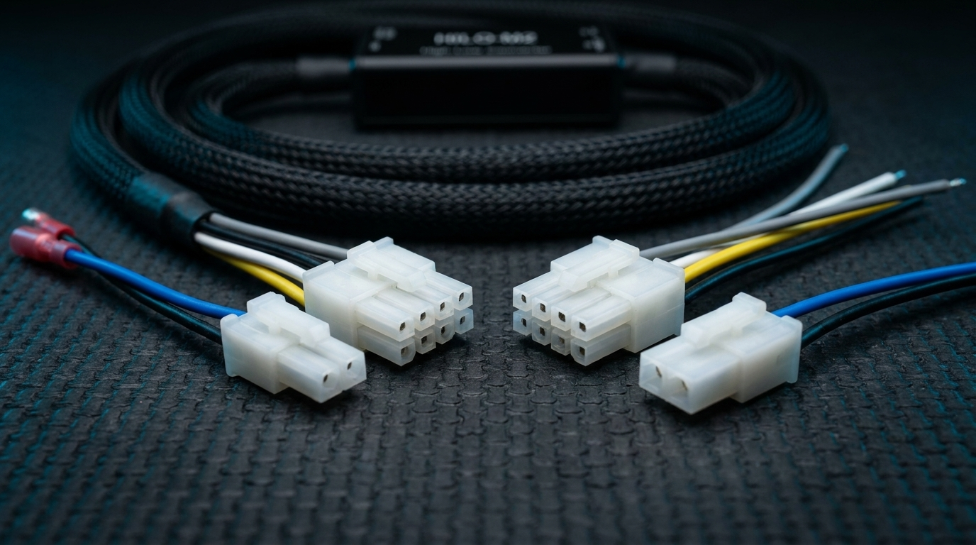 De witte MOLEX quick-connect stekkers van de HILO-converter en de bedrade tegenstekkers liggen tegenover elkaar, klaar om in elkaar te klikken